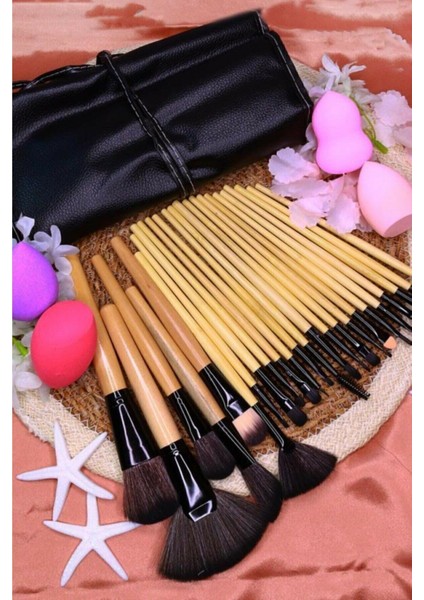 2'li Makyaj Fırçası ve Sünger Seti, Siyah Bambu Çantalı, Şık ve Pratik Set