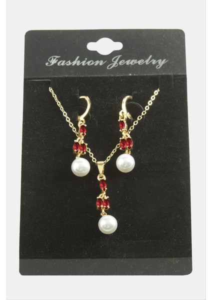 Msa-Shop Çiçek Inci Zirkon Taşlı Set Kolye-Kırmızı fiyatları
