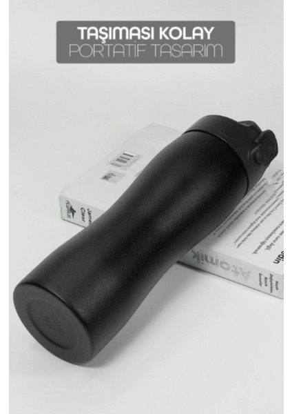 Komple Paslanmaz Çelik Matara Pipetli Mat Renk Spor Matarası Suluğu 304 Çelik Suluk Siyah 1158