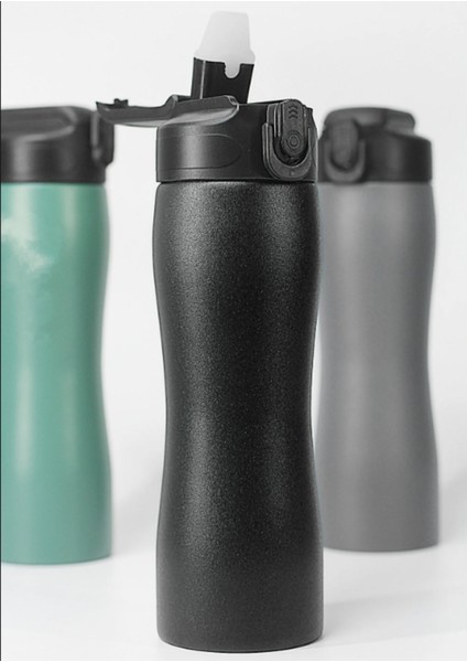 Komple Paslanmaz Çelik Matara Pipetli Mat Renk Spor Matarası Suluğu 304 Çelik Suluk Siyah 1158