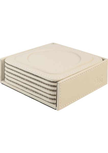 Bardak Altlığı,6’lı Set,masaüstü Yuvarlak Cup Coaster,vegan Suni DERI,11X11 Cm.,bej
