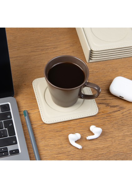 Bardak Altlığı,6’lı Set,masaüstü Yuvarlak Cup Coaster,vegan Suni DERI,11X11 Cm.,bej