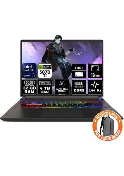 Msı Vector 16 Hx Aı Intel Ultra 7-255HX 32GB 4tb SSD Rtx 5070 Ti 12GB 16" Fhd+ 144Hz Windows 11 Home Taşınabilir Laptop A2XWHG-091XTR-A33