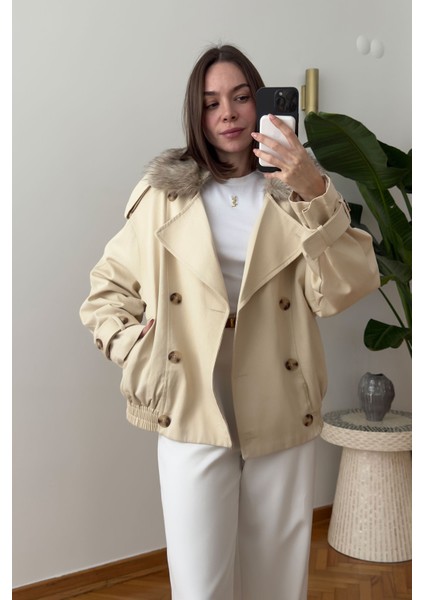 Yakası Kürklü Özel Üretim Premium Ceket- Bej