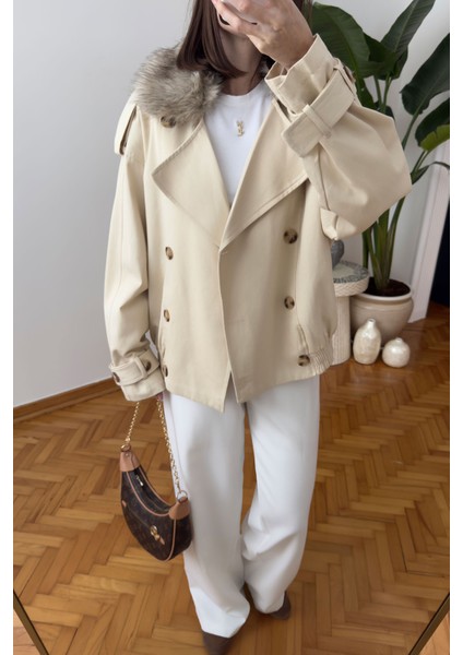 Yakası Kürklü Özel Üretim Premium Ceket- Bej fiyatları