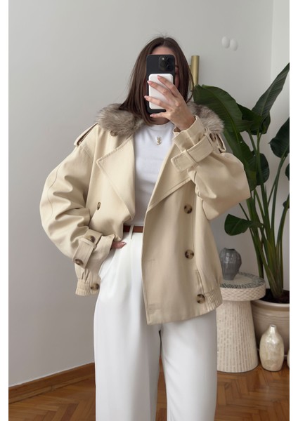 Yakası Kürklü Özel Üretim Premium Ceket- Bej fırsatları