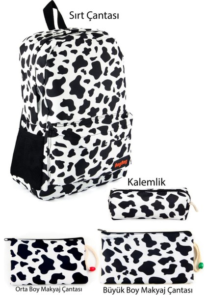 Inek Desenli Çok Renkli Sırt ve Makyaj Çantası Seti, Büyük Boy, Kalemlik Dahil