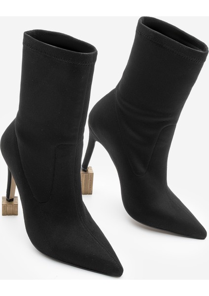 Kadın Sivri Burun Fermuarsız Streç Süet Topuklu Bot Pesina Siyah Süet