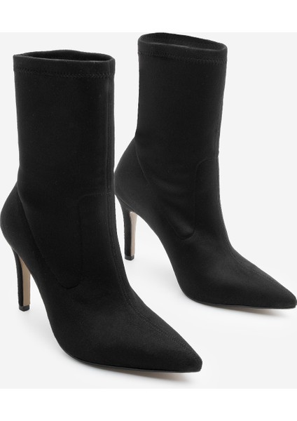 Kadın Sivri Burun Fermuarsız Streç Süet Topuklu Bot Pesina Siyah Süet indirimleri