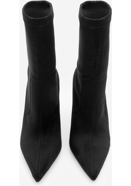 Kadın Sivri Burun Fermuarsız Streç Süet Topuklu Bot Pesina Siyah Süet