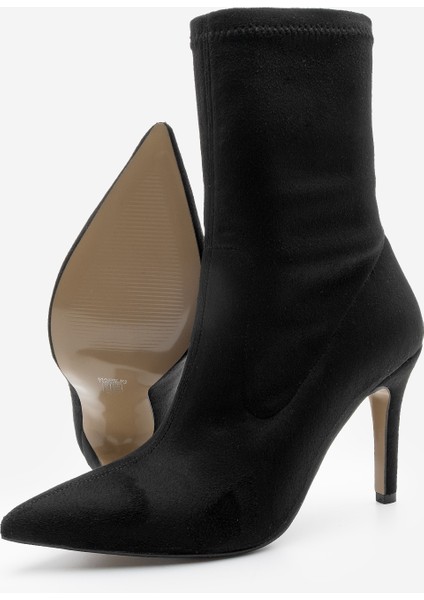 Kadın Sivri Burun Fermuarsız Streç Süet Topuklu Bot Pesina Siyah Süet