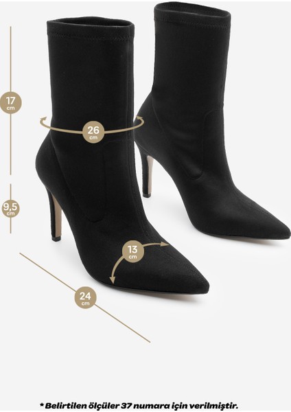 Kadın Sivri Burun Fermuarsız Streç Süet Topuklu Bot Pesina Siyah Süet
