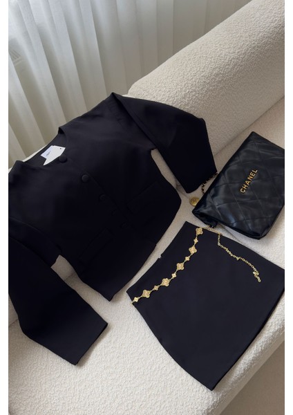 Süs Cep Detay Ceketli Etek Takım- Siyah indirimleri