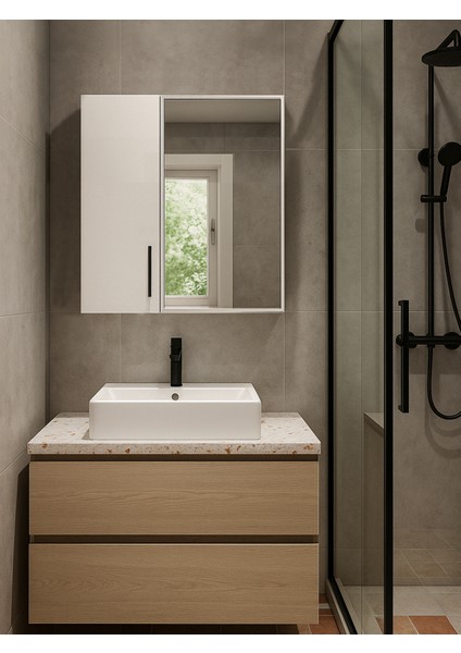Menaro Fonksiyonel Aynalı 3 Raflı Kapaklı Banyo Üst Dolabı Beyaz