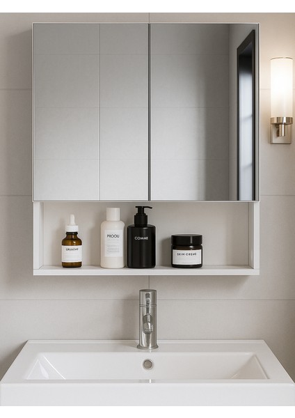 Trama Aynalı Banyo Üst Dolabı 3 Raflı Çok Amaçlı Dolap Beyaz modelleri