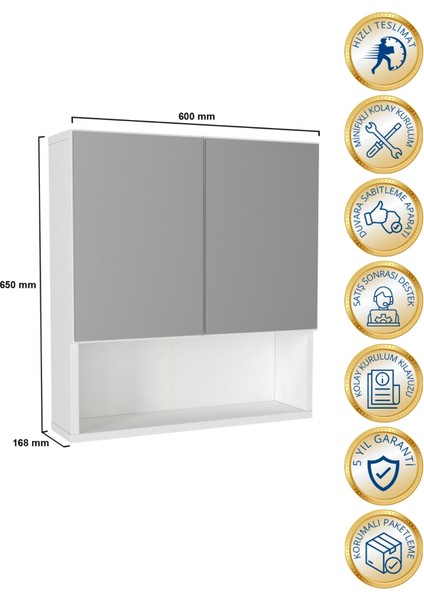 Trama Aynalı Banyo Üst Dolabı 3 Raflı Çok Amaçlı Dolap Beyaz