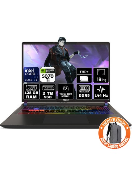 Msı Vector 16 Hx Aı Intel Ultra 7-255HX 128GB 2tb SSD Rtx 5070 Ti 12GB 16" Fhd+ 144Hz Freedos Taşınabilir Laptop A2XWHG-091XTR-A27