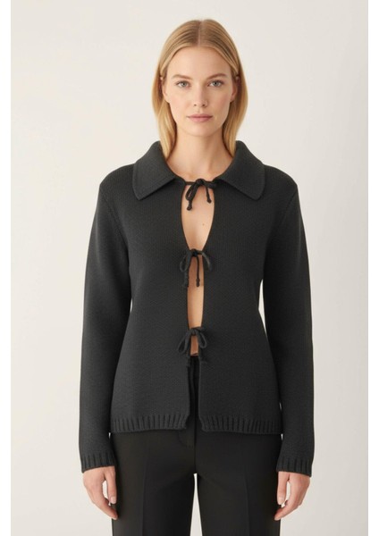 Siyah Kadın Bağlamalı Polo Yaka Triko Hırka 7095