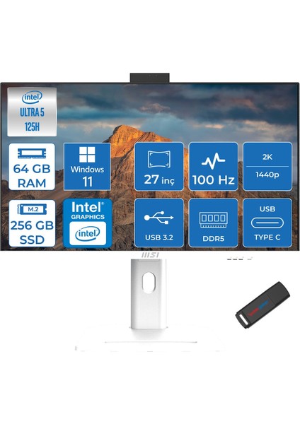 Msı Modern AM273QP Aı 1UM-242TR Intel Core Ultra 5-125H 64GB Ddr5 256GB SSD Intel® Arc™ Graphics 100Hz 27 Inç 2k Wqhd 2560X1440 IPS WIN11HOME Beyaz Allinone BILG.242TRH16+ZETTAUSBBELLEK