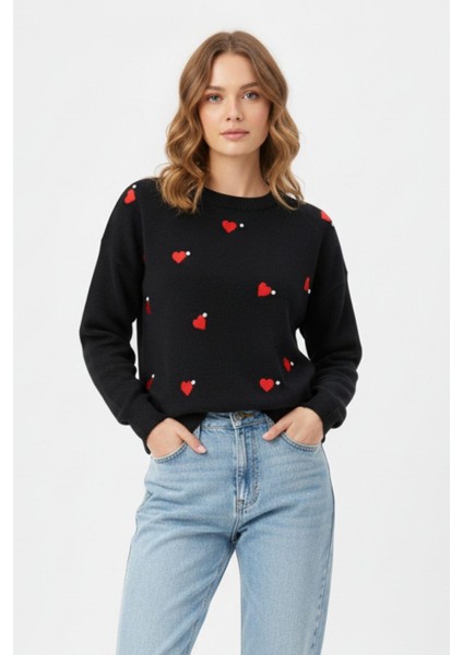 Laci Kalp Desenli Örme Kadın Kazak 7120