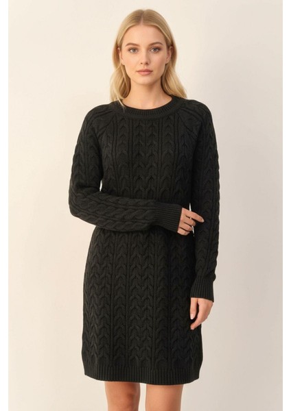 Siyah Kadın Kalın Örgü Bel Detaylı Triko Elbise 7330
