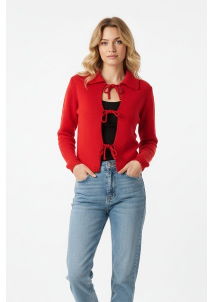 Fuşya Kadın Bağlamalı Polo Yaka Triko Hırka 7095