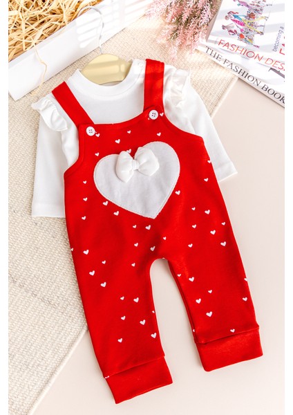 Kalp Desenli Fiyonklu Kız Bebek Tulum Salopet Takım