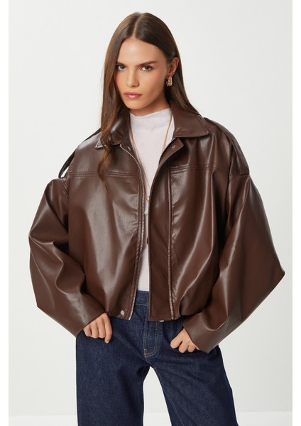 Suni Deri Bomber Ceket LOH0012 Kahverengi