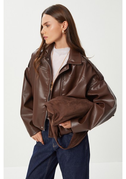 Suni Deri Bomber Ceket LOH0012 Kahverengi modelleri