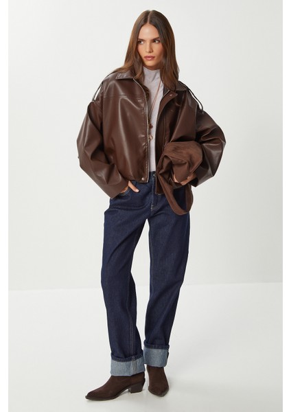 Suni Deri Bomber Ceket LOH0012 Kahverengi fırsatları