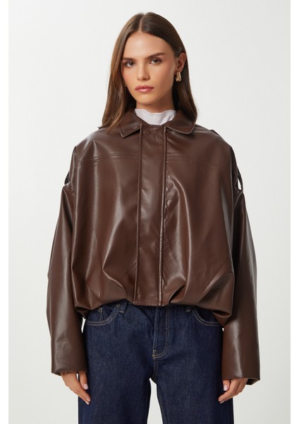 Suni Deri Bomber Ceket LOH0012 Kahverengi indirimleri