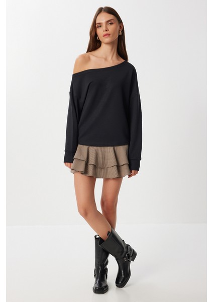 Açık Omuzlu Yumuşak Modal Sweatshirt LUB0252 Siyah