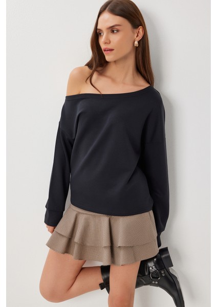 Açık Omuzlu Yumuşak Modal Sweatshirt LUB0252 Siyah fiyatları