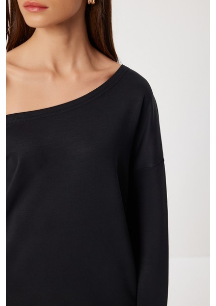 Açık Omuzlu Yumuşak Modal Sweatshirt LUB0252 Siyah fırsatları