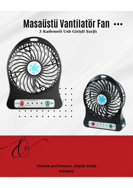 USB Girişli Taşınabilir Masaüstü Mini Fan – 3 Kademeli Hız, Şarjlı, Işıklı, Sessiz Çal