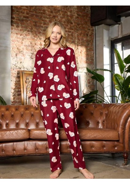 Kadın Süet Kumaş Pijama Takımı – Bordo, Sevimli Desenli, Uzun Kollu fiyatları