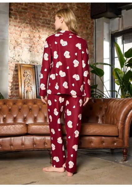 Kadın Süet Kumaş Pijama Takımı – Bordo, Sevimli Desenli, Uzun Kollu modelleri