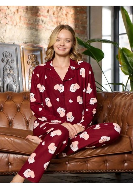 Kadın Süet Kumaş Pijama Takımı – Bordo, Sevimli Desenli, Uzun Kollu fırsatları