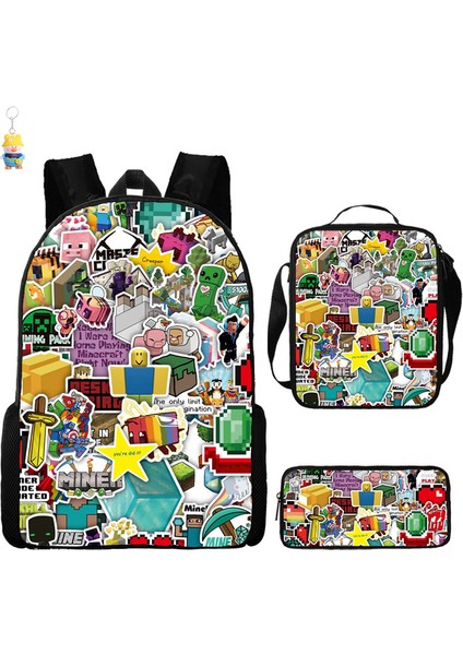 Mınecraft Ilkokul ve Ortaokul Öğrencileri Için Okul Çantası Mınecraft Oyunu Çevresel Sırt Çantası Üç Parçalı Öğrenci Sırt Çantası (Yurt Dışından)