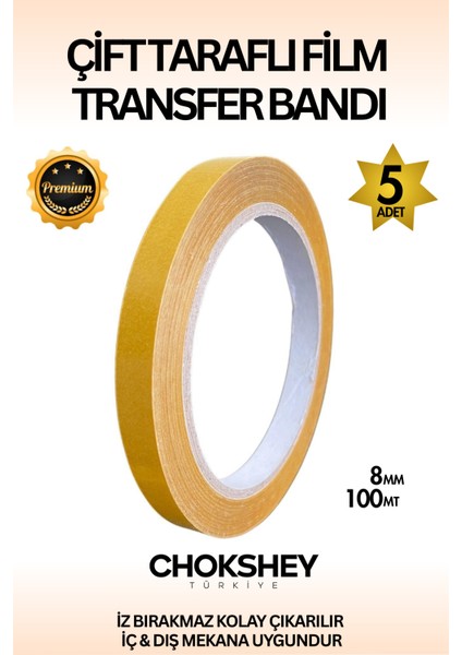 Premium Süper Tutuş Güçlü Şeffaf Pp Özellikli Çift Taraflı Film Transfer Bant 8MMX100MT - 5 Adet