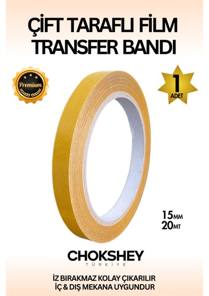 Premium Süper Tutuş Güçlü Şeffaf Pp Özellikli Çift Taraflı Film Transfer Bant 15MMX20MT - 1 Adet