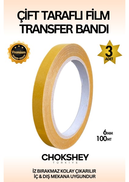 Premium Süper Tutuş Güçlü Şeffaf Pp Özellikli Çift Taraflı Film Transfer Bant 6MMX100MT - 3 Adet