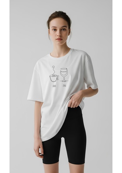 Kadeh Tasarım Baskılı Oversize Pamuklu Beyaz Kadın T-Shirt