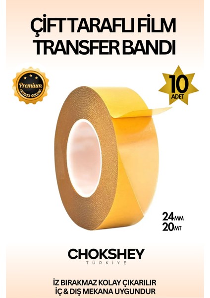 Premium Süper Tutuş Güçlü Şeffaf Pp Özellikli Çift Taraflı Film Transfer Bant 24MMX20MT - 10 Adet
