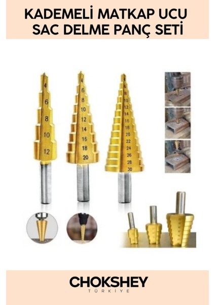Çift Yiv Sistemli Çatlatmadan Kesim Kademeli Matkap Ucu Sac Delme Panç Seti