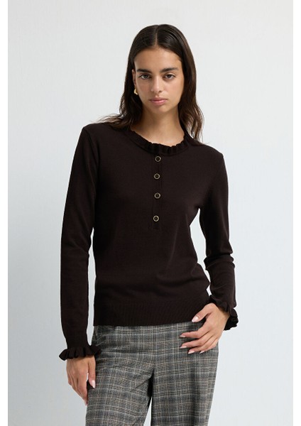 Uzun Kollu Patlı Triko Kazak Kahve 13943005002