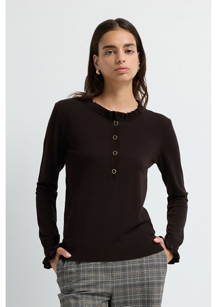 Uzun Kollu Patlı Triko Kazak Kahve 13943005002 fırsatları
