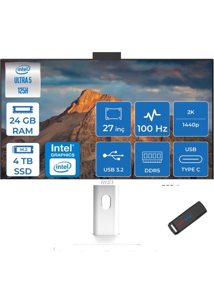 Msı Modern AM273QP Aı 1UM-242TR Intel Core Ultra 5-125H 24GB Ddr5 4tb SSD Intel® Arc™ Graphics 100Hz 27 Inç 2k Wqhd 2560X1440 IPS Freedos Beyaz Allinone BILG.242TRF05+ZETTAUSBBELLEK