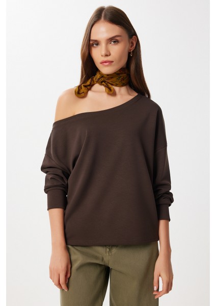 Açık Omuzlu Yumuşak Modal Sweatshirt LUB0252 Kahverengi fiyatları