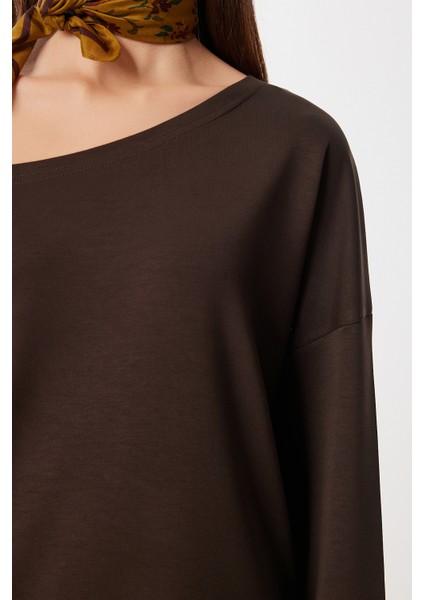 Açık Omuzlu Yumuşak Modal Sweatshirt LUB0252 Kahverengi fırsatları